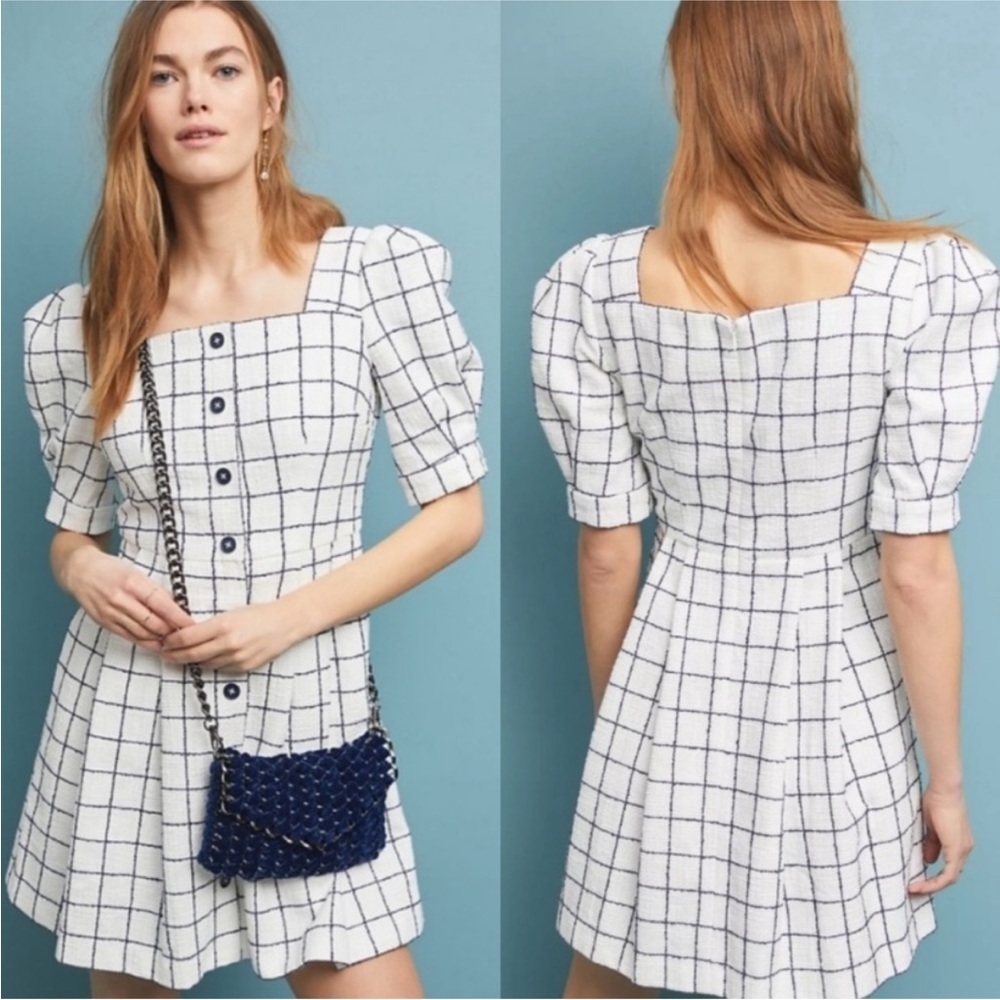Gal Meets Glam Preppy Dawn Windowpane Tweed White Navy Blue Mini Dress Size 4